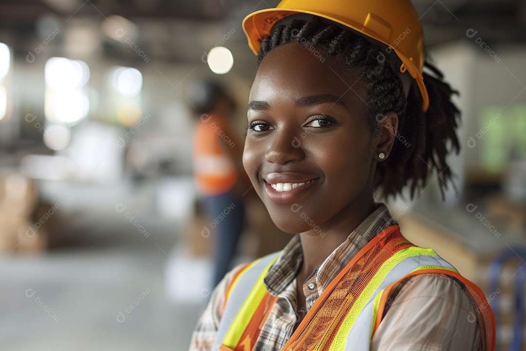 Uma mulher negra com equipamento de construção, colete de segurança vibrante e sorriso confiante