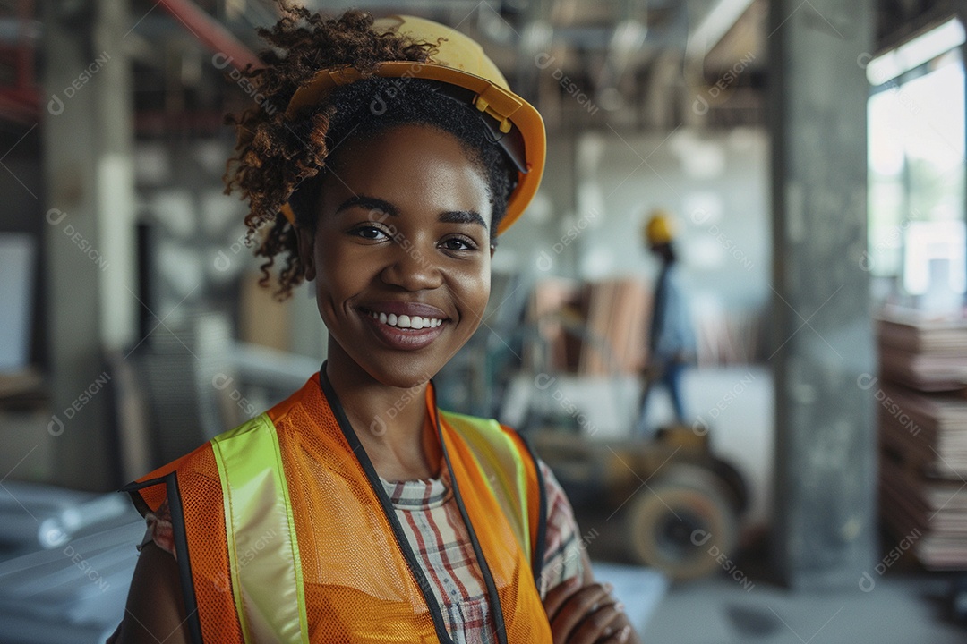 Uma mulher negra com equipamento de construção, colete de segurança vibrante e sorriso confiante