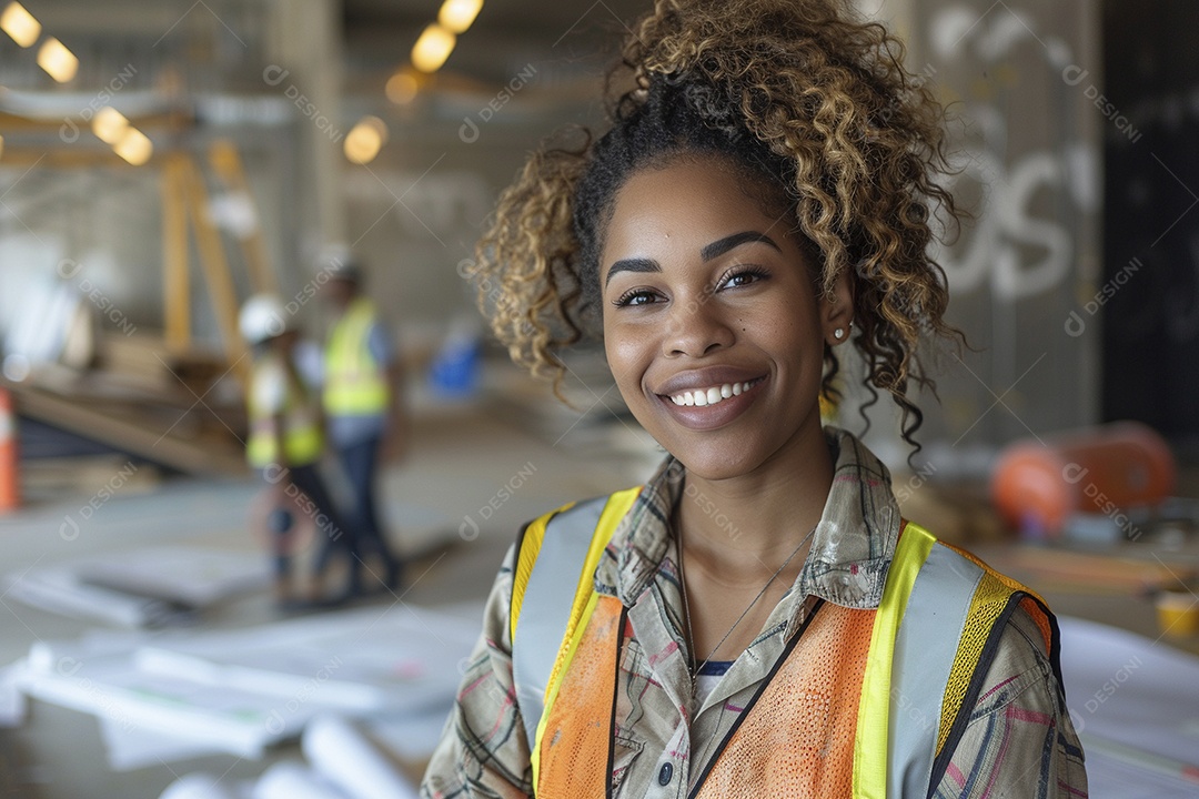 Uma mulher negra com equipamento de construção, colete de segurança vibrante e sorriso confiante