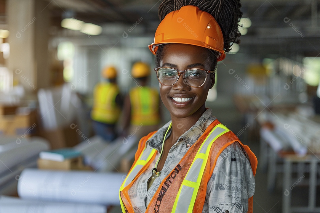 Uma mulher negra com equipamento de construção, colete de segurança vibrante e sorriso confiante