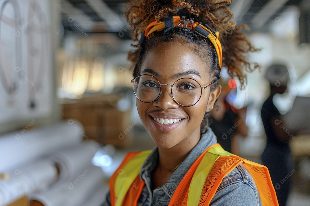 Uma mulher negra com equipamento de construção, colete de segurança vibrante e sorriso confiante