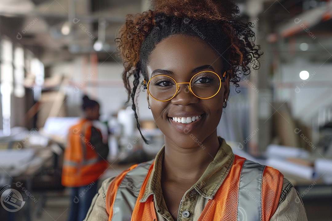 Uma mulher negra com equipamento de construção, colete de segurança vibrante e sorriso confiante