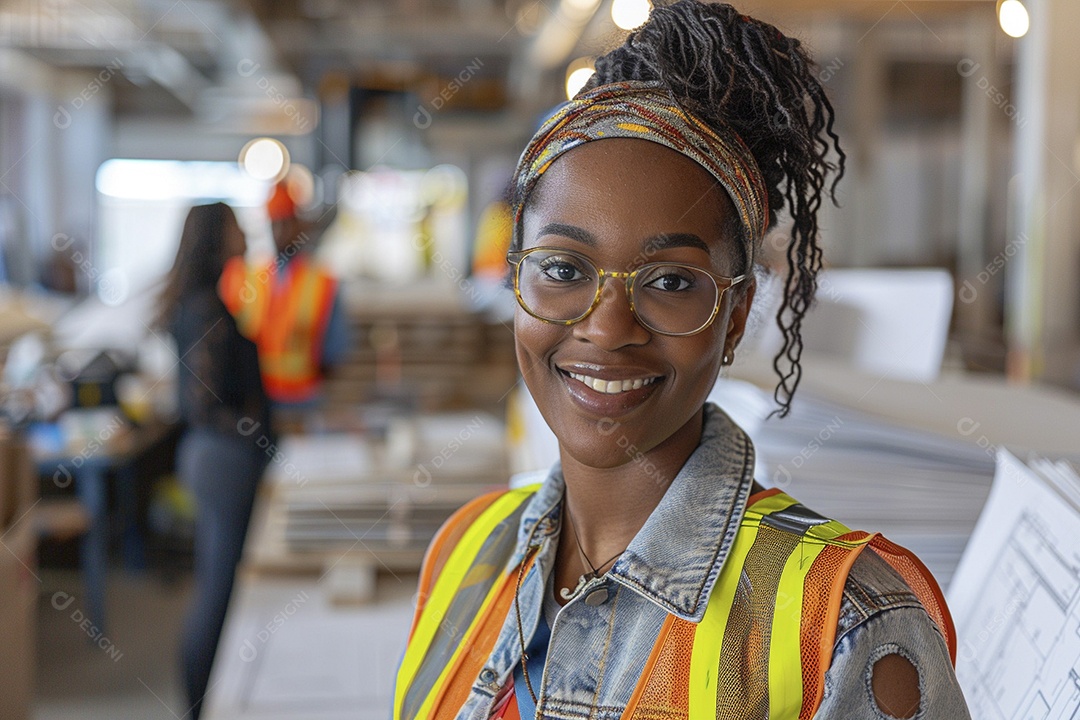 Uma mulher negra com equipamento de construção, colete de segurança vibrante e sorriso confiante