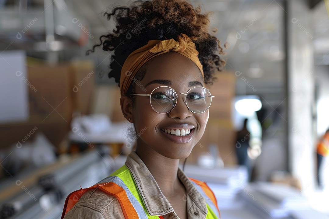 Uma mulher negra com equipamento de construção, colete de segurança vibrante e sorriso confiante