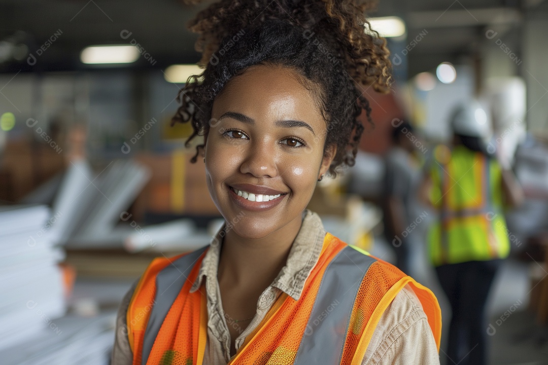 Uma mulher negra com equipamento de construção, colete de segurança vibrante e sorriso confiante