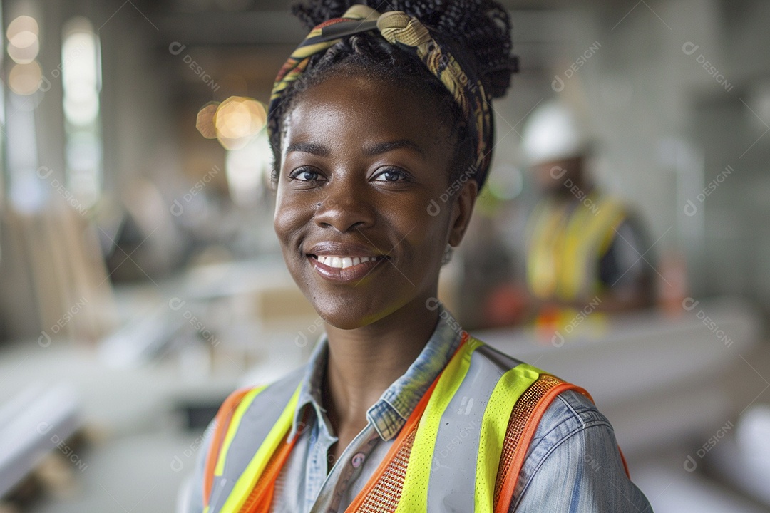 Uma mulher negra com equipamento de construção, colete de segurança vibrante e sorriso confiante