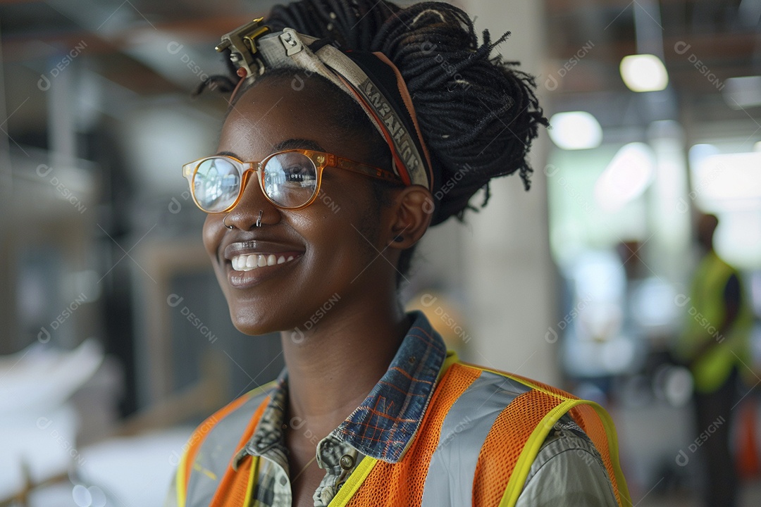 Uma mulher negra com equipamento de construção, colete de segurança vibrante e sorriso confiante