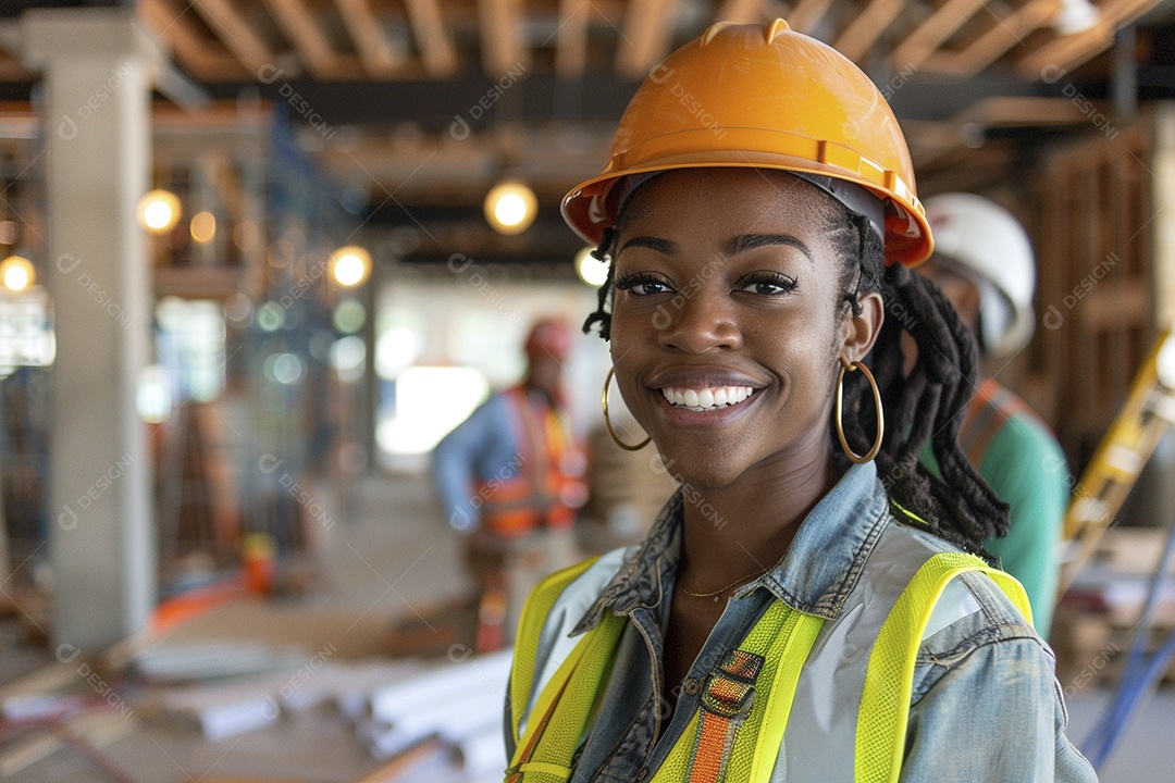 Uma mulher negra com equipamento de construção, colete de segurança vibrante e sorriso confiante