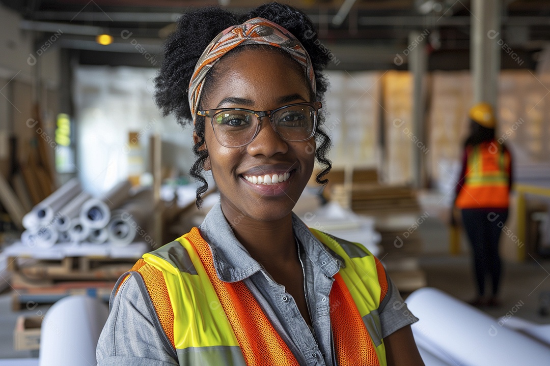 Uma mulher negra com equipamento de construção, colete de segurança vibrante e sorriso confiante