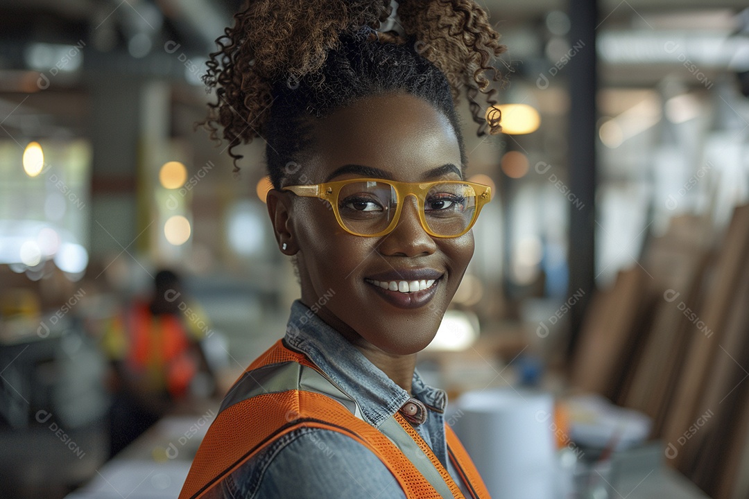 Uma mulher negra com equipamento de construção, colete de segurança vibrante e sorriso confiante