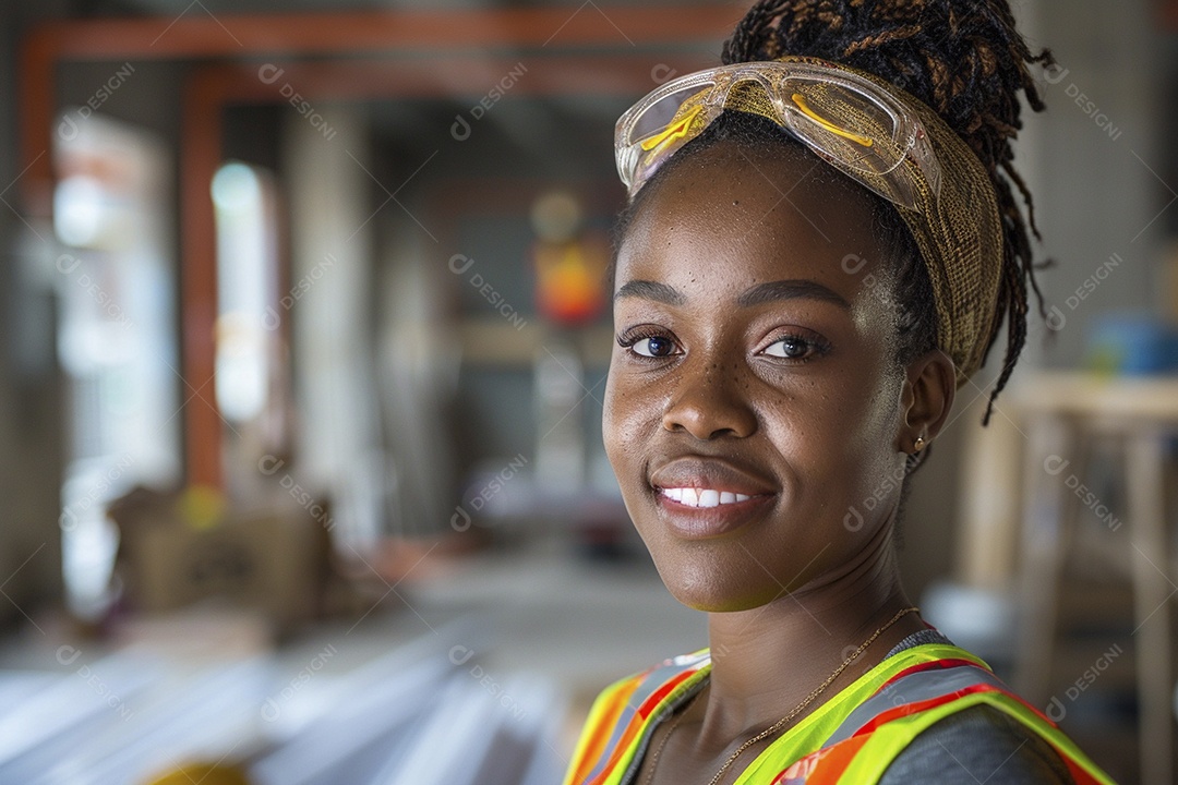 Uma mulher negra com equipamento de construção, colete de segurança vibrante e sorriso confiante
