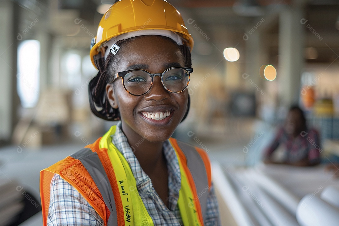 Uma mulher negra com equipamento de construção, colete de segurança vibrante e sorriso confiante