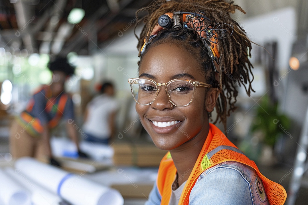 Uma mulher negra com equipamento de construção, colete de segurança vibrante e sorriso confiante