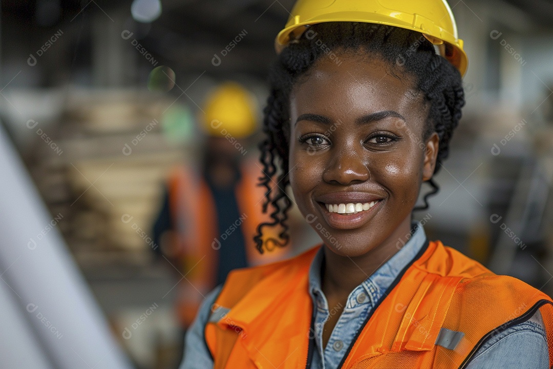 Uma mulher negra com equipamento de construção, colete de segurança vibrante e sorriso confiante