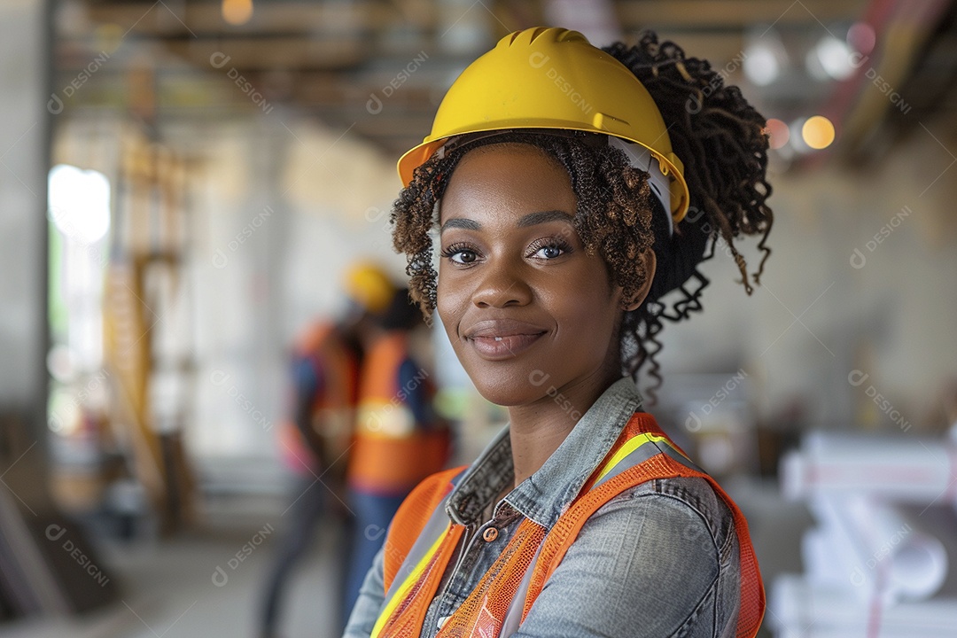 Uma mulher negra com equipamento de construção, colete de segurança vibrante e sorriso confiante
