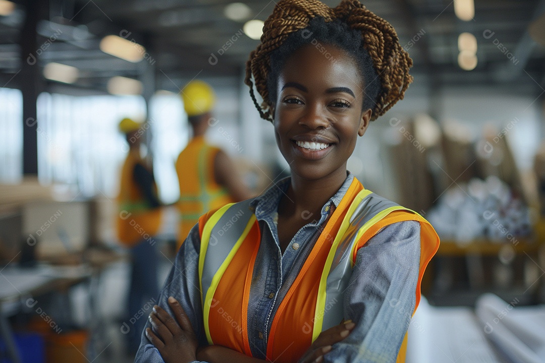 Uma mulher negra com equipamento de construção, colete de segurança vibrante e sorriso confiante