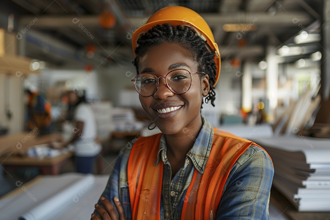 Uma mulher negra com equipamento de construção, colete de segurança vibrante e sorriso confiante
