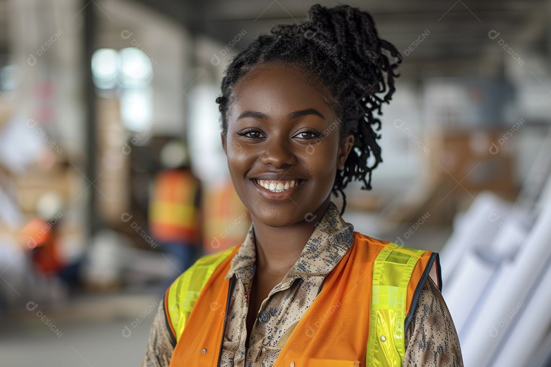 Uma mulher negra com equipamento de construção, colete de segurança vibrante e sorriso confiante