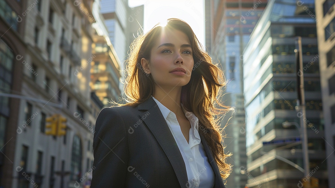 Uma mulher de negócios, elegantemente vestida com um terno sob medida, expressão confiante, andando na cidade de Nova York