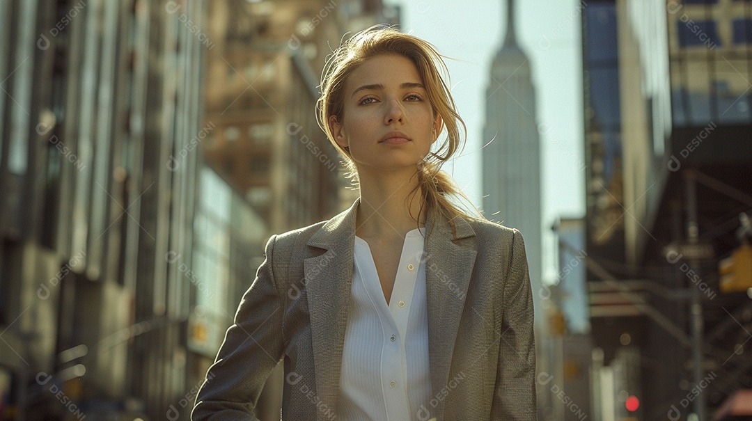Uma mulher de negócios, elegantemente vestida com um terno sob medida, expressão confiante, andando na cidade de Nova York
