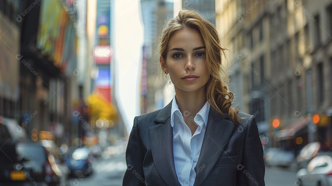Uma mulher de negócios, elegantemente vestida com um terno sob medida, expressão confiante, andando na cidade de Nova York