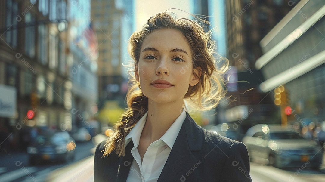 Uma mulher de negócios, elegantemente vestida com um terno sob medida, expressão confiante, andando na cidade de Nova York