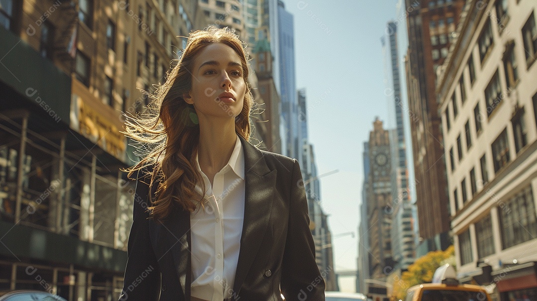 Uma mulher de negócios, elegantemente vestida com um terno sob medida, expressão confiante, andando na cidade de Nova York