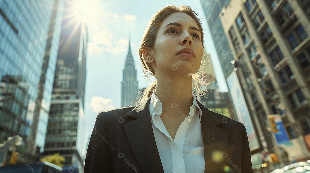Uma mulher de negócios, elegantemente vestida com um terno sob medida, expressão confiante, andando na cidade de Nova York