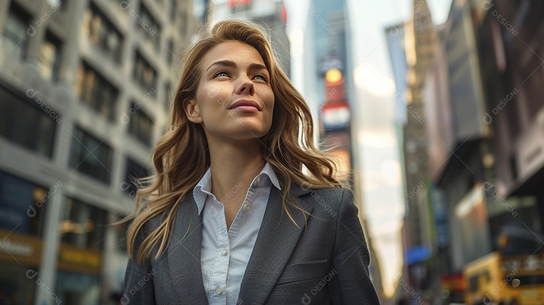 Uma mulher de negócios, elegantemente vestida com um terno sob medida, expressão confiante, andando na cidade de Nova York