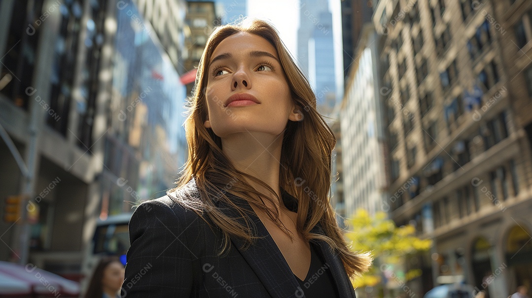 Uma mulher de negócios, elegantemente vestida com um terno sob medida, expressão confiante, andando na cidade de Nova York