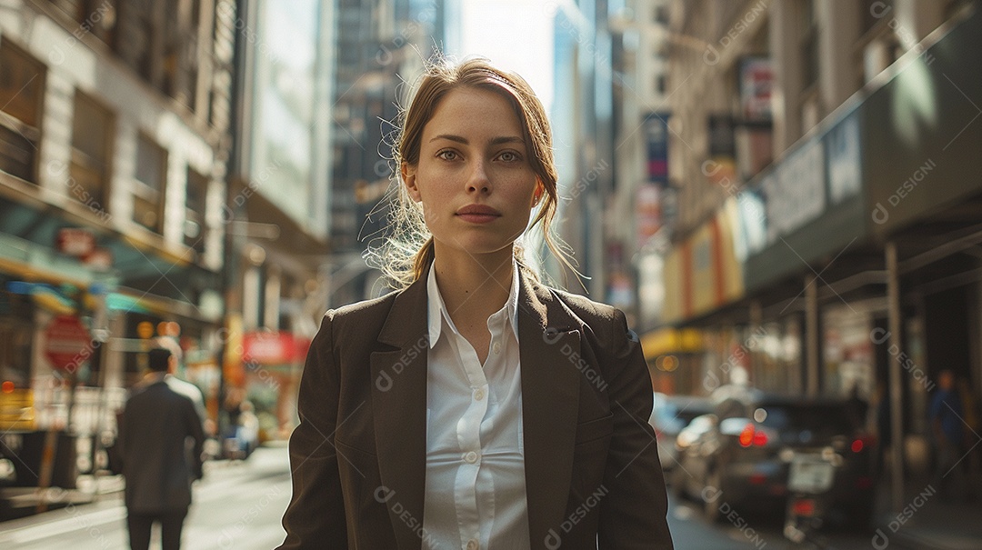 Uma mulher de negócios, elegantemente vestida com um terno sob medida, expressão confiante, andando na cidade de Nova York