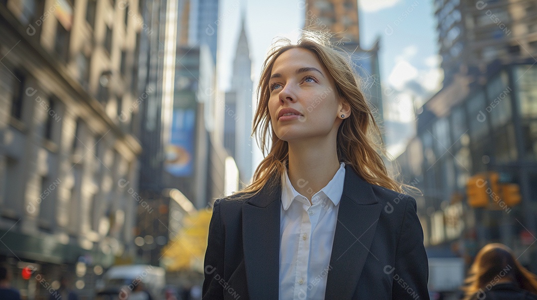 Uma mulher de negócios, elegantemente vestida com um terno sob medida, expressão confiante, andando na cidade de Nova York