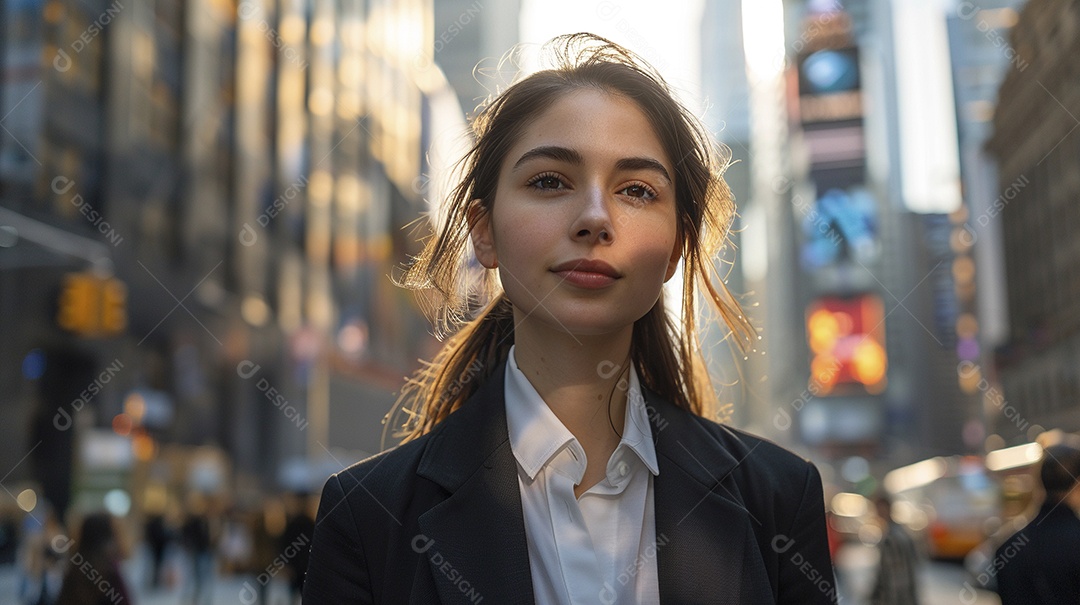 Uma mulher de negócios, elegantemente vestida com um terno sob medida, expressão confiante, andando na cidade de Nova York