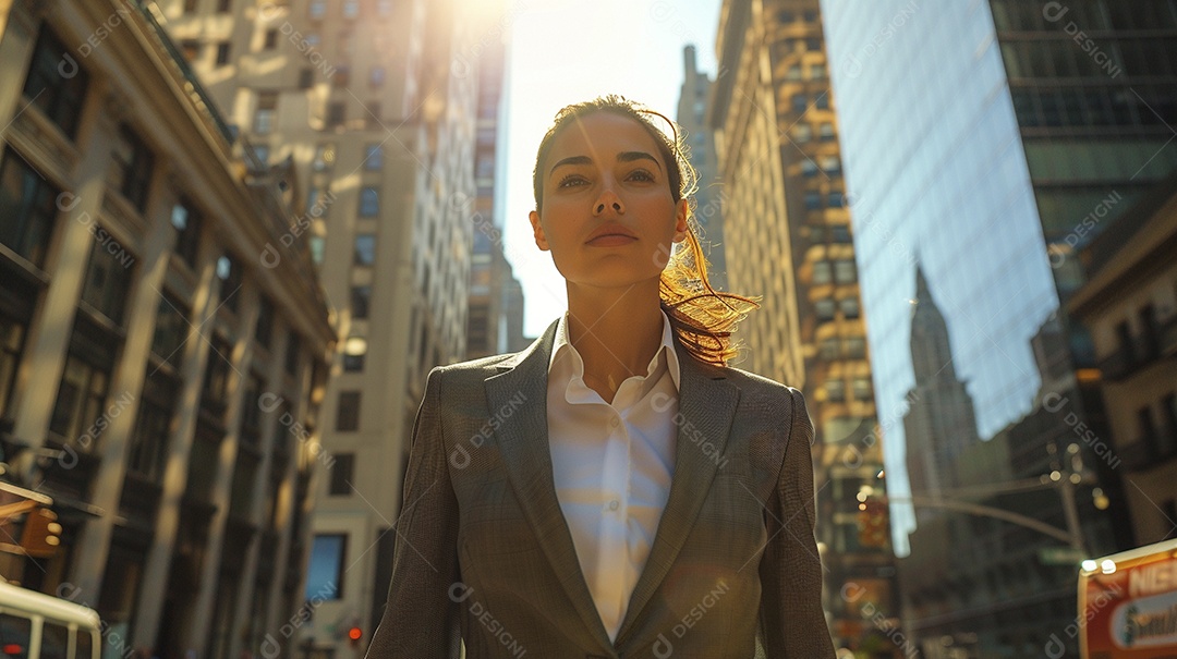 Uma mulher de negócios, elegantemente vestida com um terno sob medida, expressão confiante, andando na cidade de Nova York