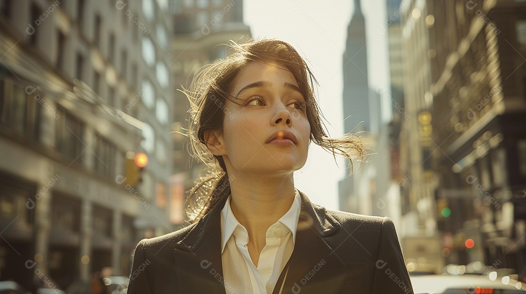 Uma mulher de negócios, elegantemente vestida com um terno sob medida, expressão confiante, andando na cidade de Nova York