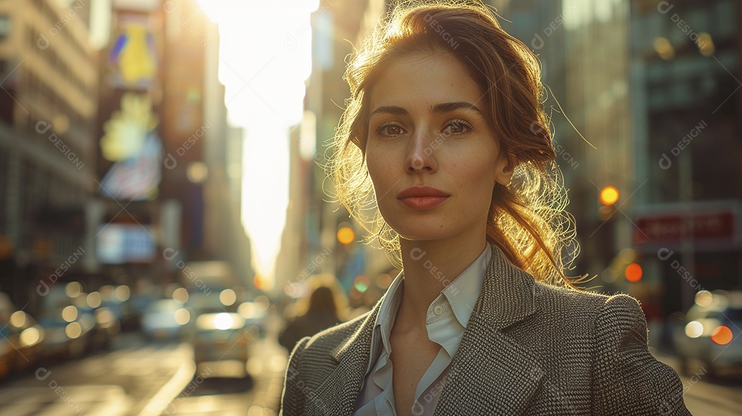Uma mulher de negócios, elegantemente vestida com um terno sob medida, expressão confiante, andando na cidade de Nova York