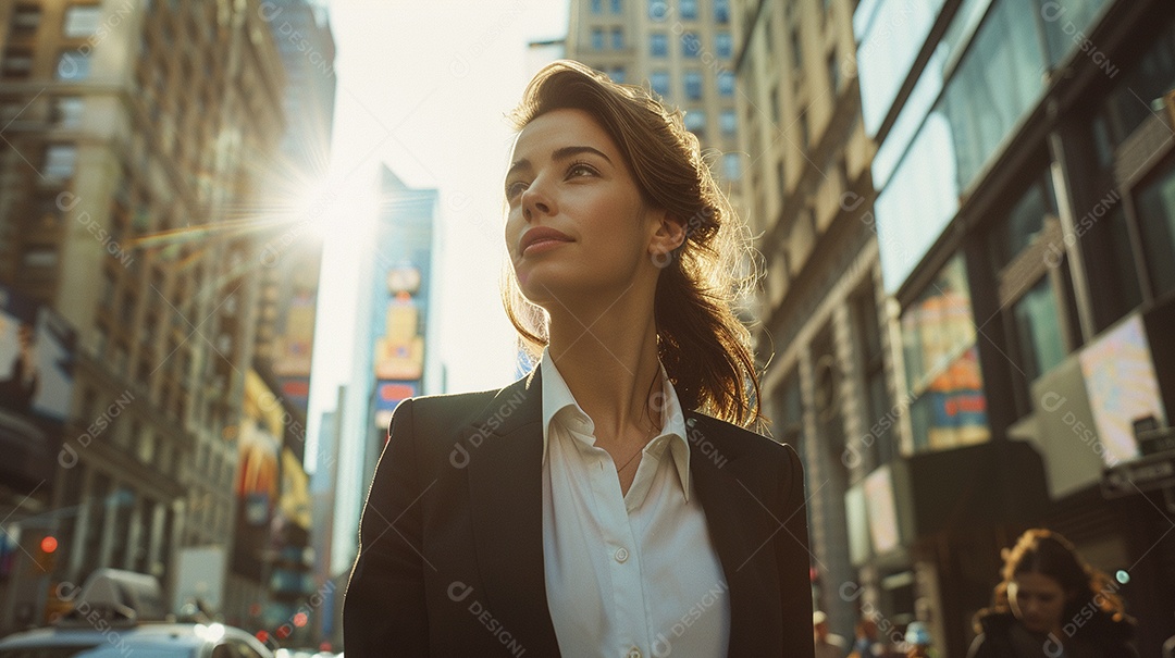 Uma mulher de negócios, elegantemente vestida com um terno sob medida, expressão confiante, andando na cidade de Nova York