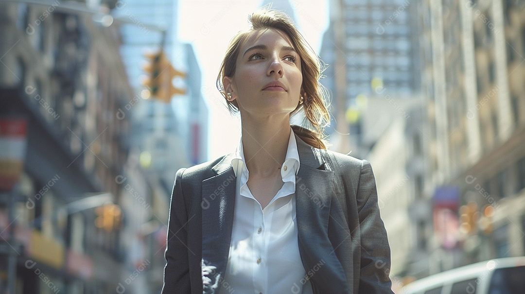 Uma mulher de negócios, elegantemente vestida com um terno sob medida, expressão confiante, andando na cidade de Nova York