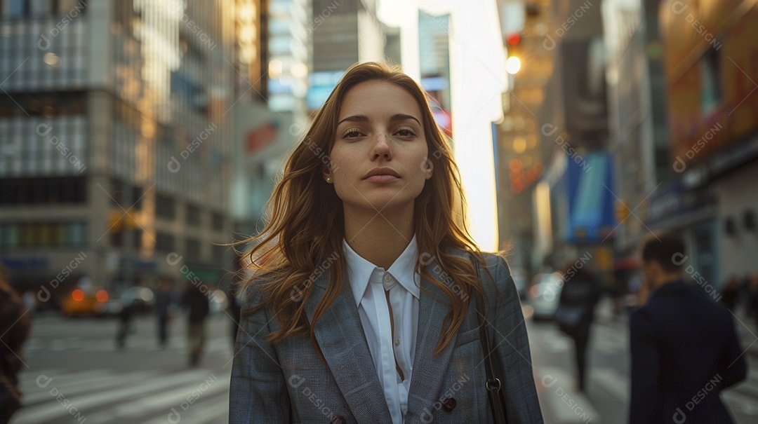 Uma empresária sorri enquanto caminha com confiança pelas ruas movimentadas da metrópole