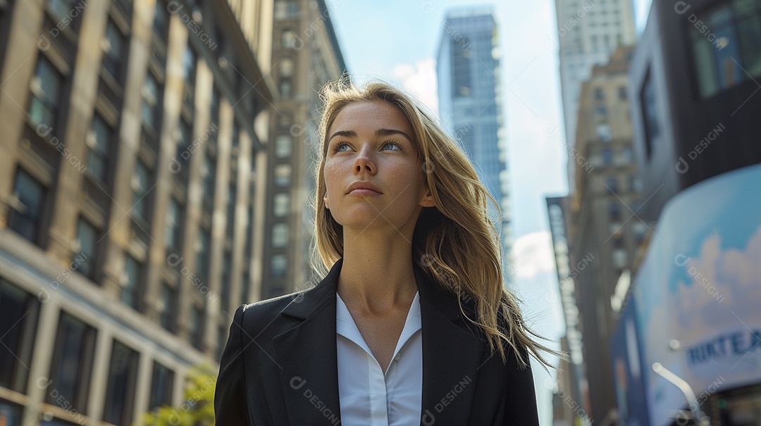 Uma empresária sorri enquanto caminha com confiança pelas ruas movimentadas da metrópole