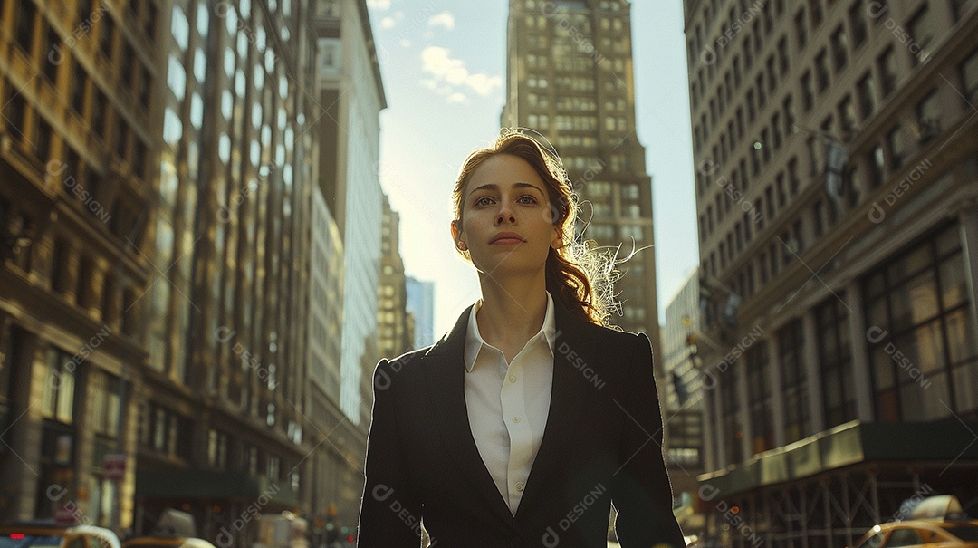 Uma empresária sorri enquanto caminha com confiança pelas ruas movimentadas da metrópole