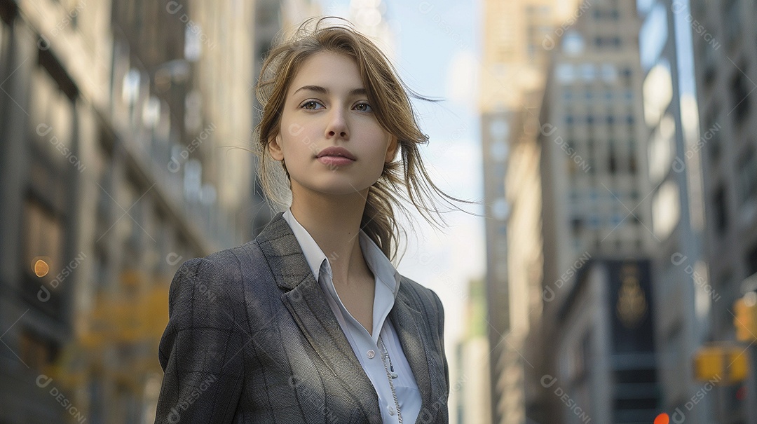 Uma empresária sorri enquanto caminha com confiança pelas ruas movimentadas da metrópole