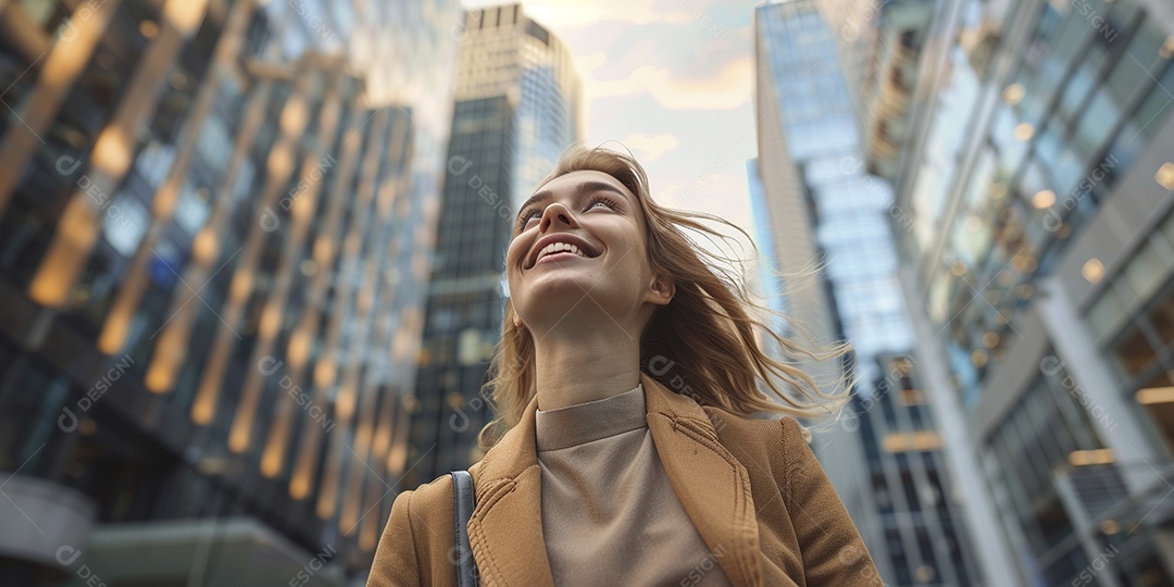 Uma empresária sorri enquanto caminha com confiança pelas ruas movimentadas da metrópole