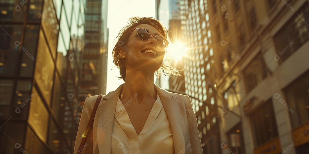 Uma empresária sorri enquanto caminha com confiança pelas ruas movimentadas da metrópole