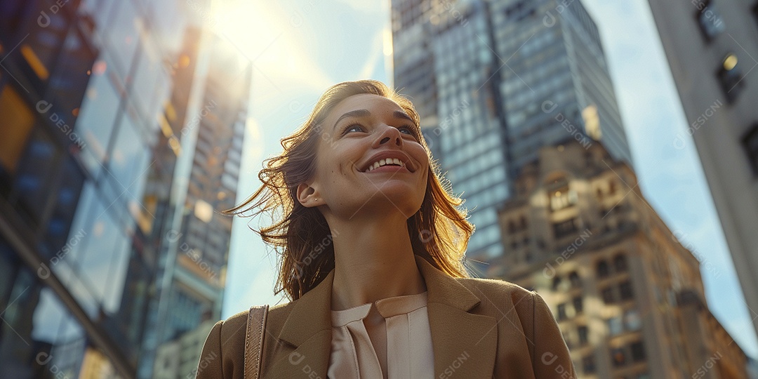 Uma empresária sorri enquanto caminha com confiança pelas ruas movimentadas da metrópole