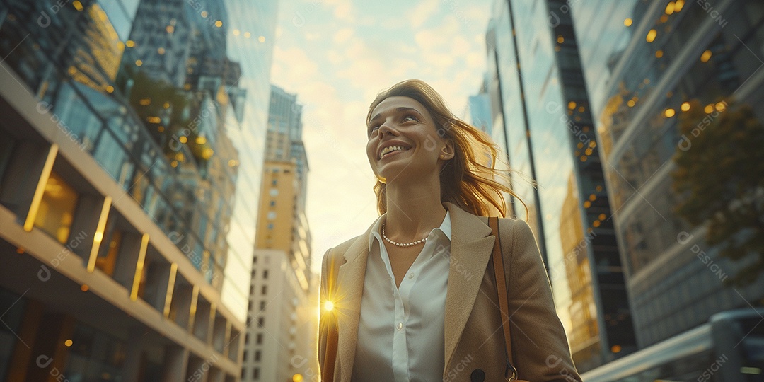 Uma empresária sorri enquanto caminha com confiança pelas ruas movimentadas da metrópole