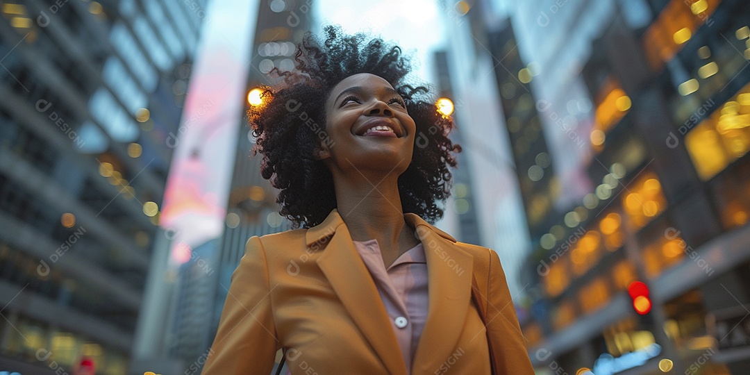 Uma empresária sorri enquanto caminha com confiança pelas ruas movimentadas da metrópole
