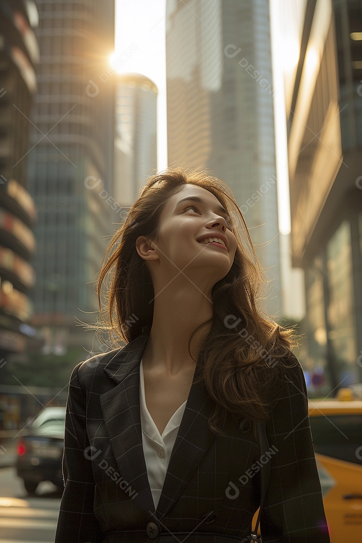 Uma empresária sorri enquanto caminha com confiança pelas ruas movimentadas da metrópole