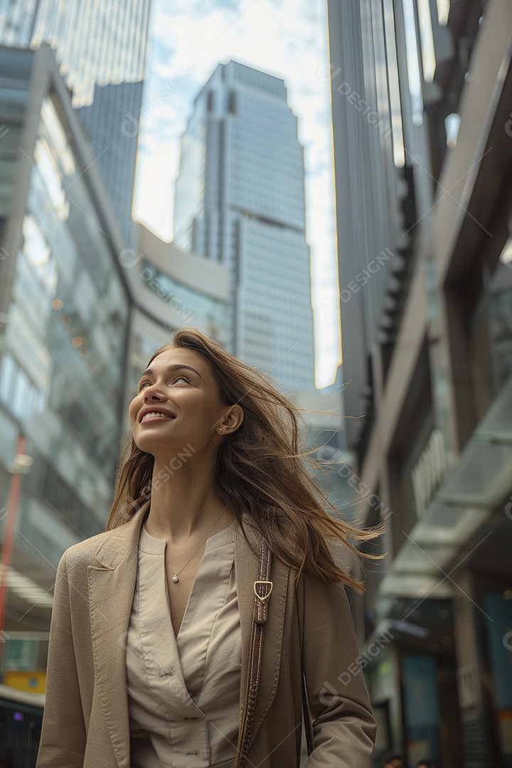 Uma empresária sorri enquanto caminha com confiança pelas ruas movimentadas da metrópole
