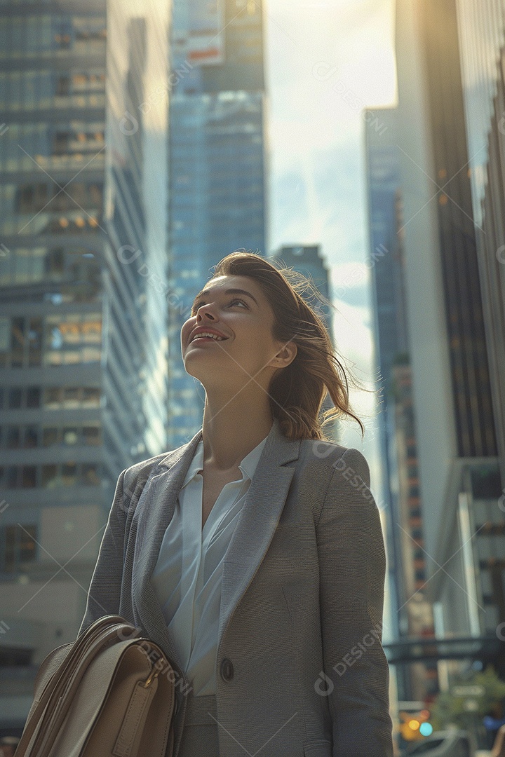 Uma empresária sorri enquanto caminha com confiança pelas ruas movimentadas da metrópole